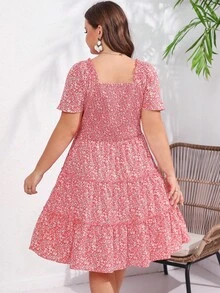 Plus Ditsy Floral Print Square Neck Ruffle Hem Dress - Pink - View 2