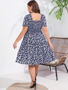 大碼碎花方領連衣裙 - 藏蓝色 - 查看 2