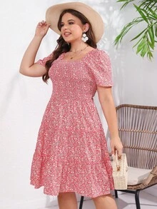 Plus Ditsy Floral Print Square Neck Ruffle Hem Dress - Pink - View 3