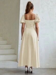 PARTHEA Off Shoulder Knot Front Split Thigh Dress - Apricot - View 2