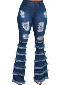 Quần jean cạp cao co giãn nhiều lớp tua rua viền thô ống loe rách - Rửa tối - Xem 1