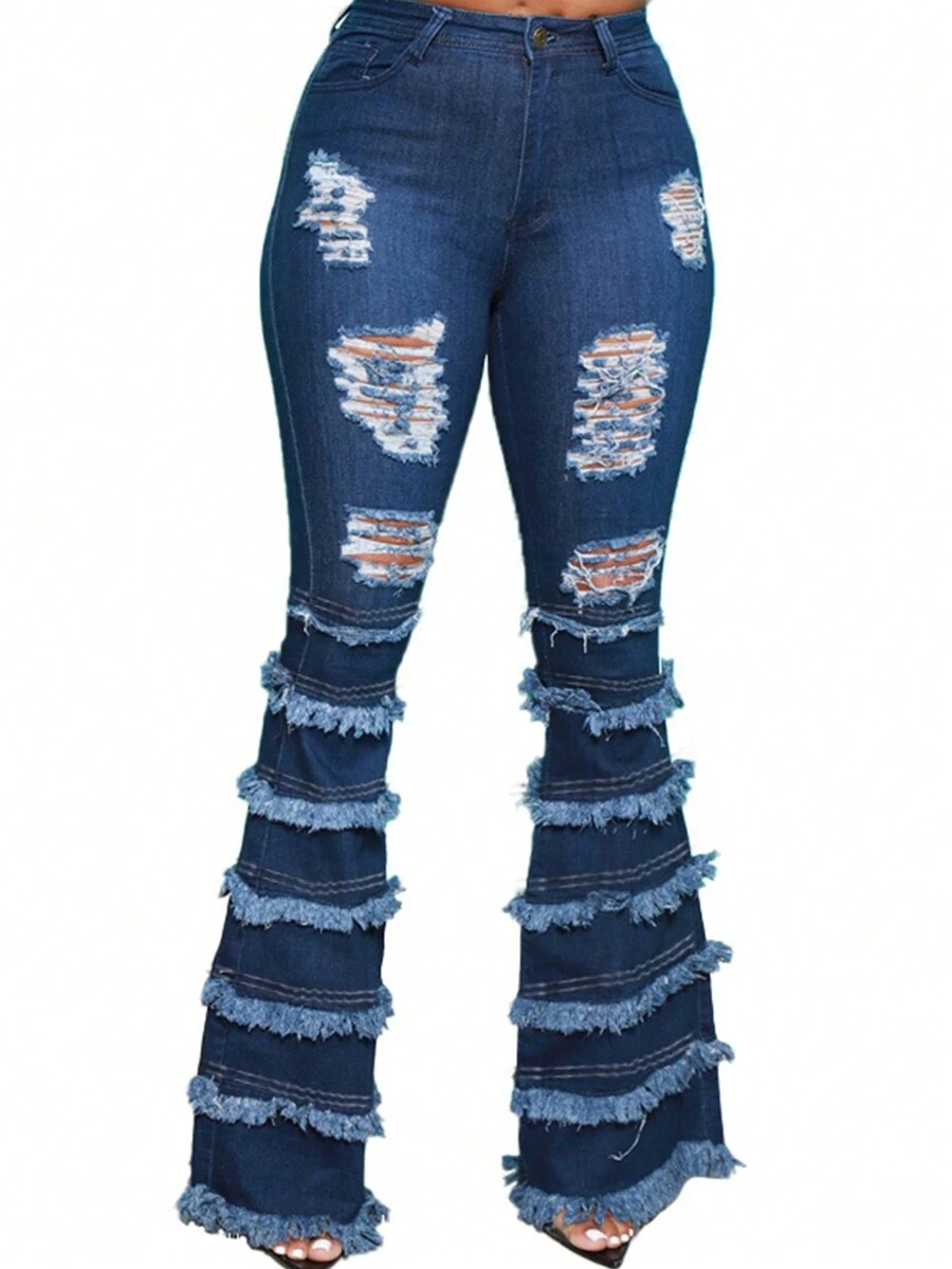 Quần jean cạp cao co giãn nhiều lớp tua rua viền thô ống loe rách - Rửa tối - Xem 1