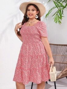 Plus Ditsy Floral Print Square Neck Ruffle Hem Dress - Pink - View 4