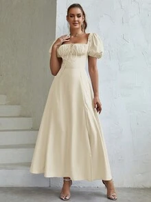 PARTHEA Off Shoulder Knot Front Split Thigh Dress - Apricot - View 3