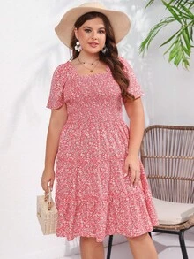 Plus Ditsy Floral Print Square Neck Ruffle Hem Dress - Pink - View 5