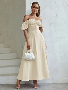 PARTHEA Off Shoulder Knot Front Split Thigh Dress - Apricot - View 4