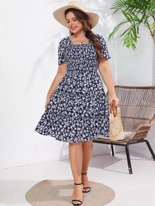 大碼碎花方領連衣裙 - 藏蓝色 - 查看 6