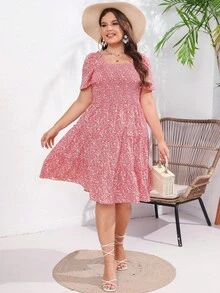 Plus Ditsy Floral Print Square Neck Ruffle Hem Dress - Pink - View 6