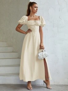 PARTHEA Off Shoulder Knot Front Split Thigh Dress - Apricot - View 6