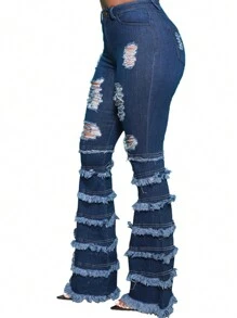 Quần jean cạp cao co giãn nhiều lớp tua rua viền thô ống loe rách - Rửa tối - Xem 7