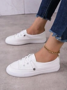 運動鞋適用於女士字母圖案前綁帶板鞋 - 白色 - 查看 3