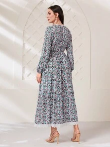 Mulvari Đầm Tương phản ren Viên lá sen Họa tiết hoa Boho - Nhiều màu - Xem 2
