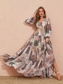 Patchwork Print Lantern Sleeve Ruffle Hem Dress Without Belt - Multicolor - View 1