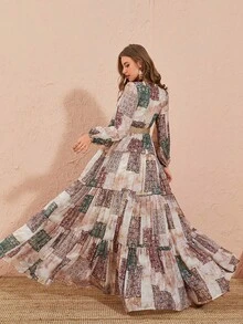 Patchwork Print Lantern Sleeve Ruffle Hem Dress Without Belt - Multicolor - View 2