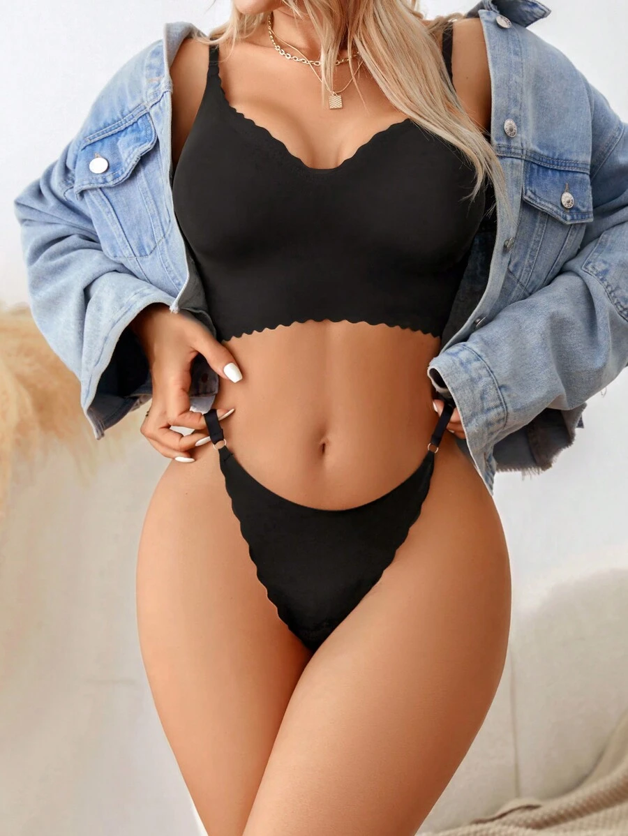 素色貝殼邊內衣套裝 - 黑色 - 查看 1