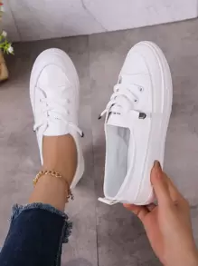 Sporty Sneakers For Women, Letter Graphic Lace-up Front Skate Shoes - White - View 1