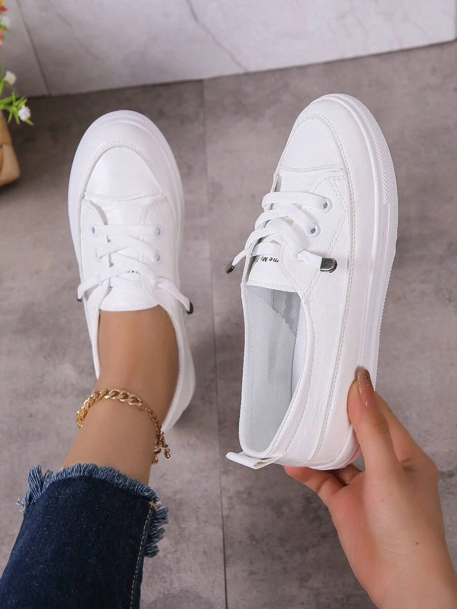 Sporty Sneakers For Women, Letter Graphic Lace-up Front Skate Shoes - White - View 1