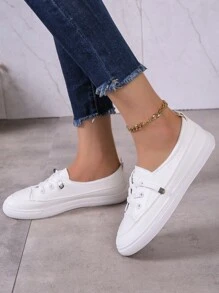 Sporty Sneakers For Women, Letter Graphic Lace-up Front Skate Shoes - White - View 2
