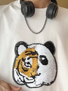 Manfinity Hypemode Lỏng lẻo phù hợp Nam Có thể mặc đảo ngược Kim sa Hình con hổ Thả vai Áo thun - trắng - Xem 2