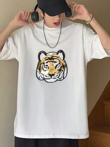 Manfinity Hypemode Lỏng lẻo phù hợp Nam Có thể mặc đảo ngược Kim sa Hình con hổ Thả vai Áo thun - trắng - Xem 7