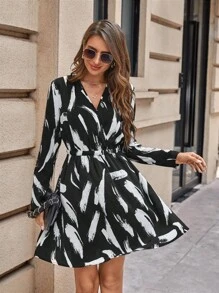 SHEIN Clasi Brush Print Surplice Neck Dress - Black and White - View 3