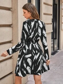 SHEIN Clasi Brush Print Surplice Neck Dress - Black and White - View 2