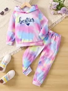 SHEIN 女小童紮染字母圖案連帽衫和運動褲 - 彩色 - 查看 1