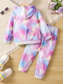 SHEIN 女小童紮染字母圖案連帽衫和運動褲 - 彩色 - 查看 2