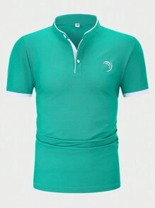 Manfinity Homme Men Graphic Print Contrast Binding Polo Shirt - Cadet Blue - View 1