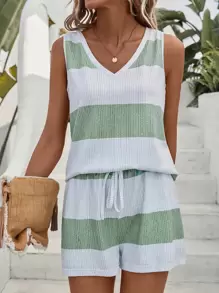 SHEIN LUNE Colorblock Tank Top & Drawstring Waist Shorts