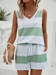 SHEIN LUNE Colorblock Tank Top & Drawstring Waist Shorts