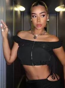 SHEIN ICON Áo sơ mi nữ Dây kéo Xù màu trơn Giải trí - màu đen - Xem 1