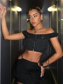 SHEIN ICON Áo sơ mi nữ Dây kéo Xù màu trơn Giải trí - màu đen - Xem 9