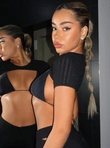 SHEIN ICON Chất rắn Siêu Crop Top Không có áo ngực - màu đen - Xem 4