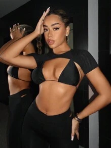 SHEIN ICON Chất rắn Siêu Crop Top Không có áo ngực - màu đen - Xem 9