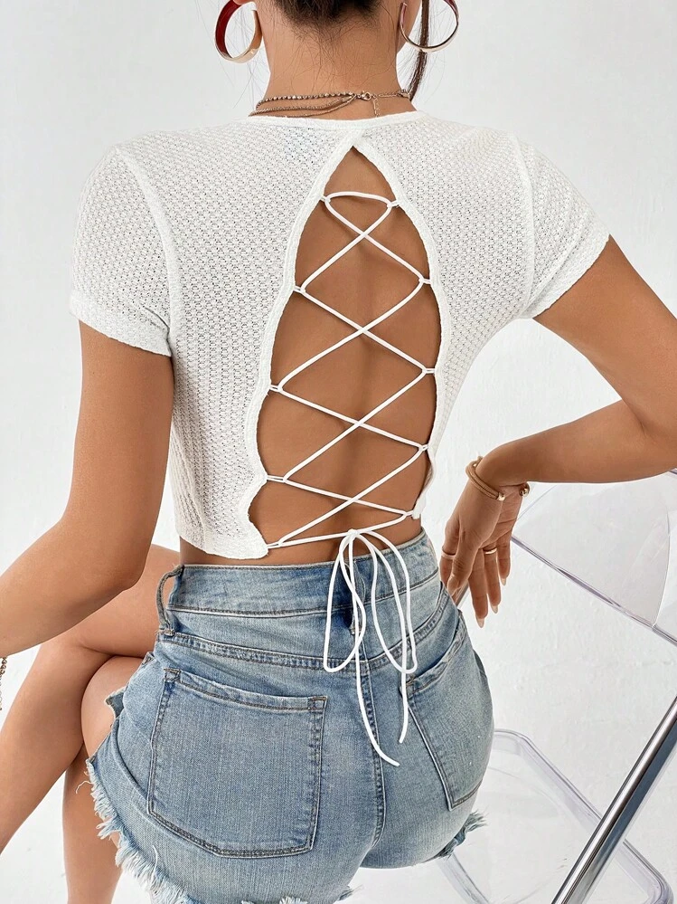 SHEIN Essnce Camiseta crop de espalda abierta con cordón - Blanco - Añade 1