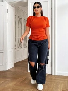 SHEIN EZwear Plus Solid Ruched Side Tee