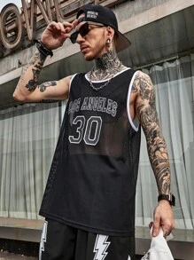 Manfinity RSRT 男士字母圖案撞色滾邊網紗背心上衣 - 黑色 - 查看 1