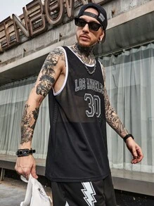 Manfinity RSRT 男士字母圖案撞色滾邊網紗背心上衣 - 黑色 - 查看 6