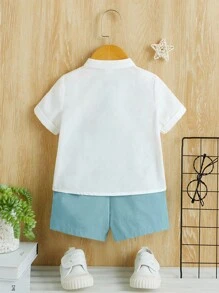 SHEIN 男嬰捲邊袖半排扣襯衫和短褲 - 藍白色 - 查看 2