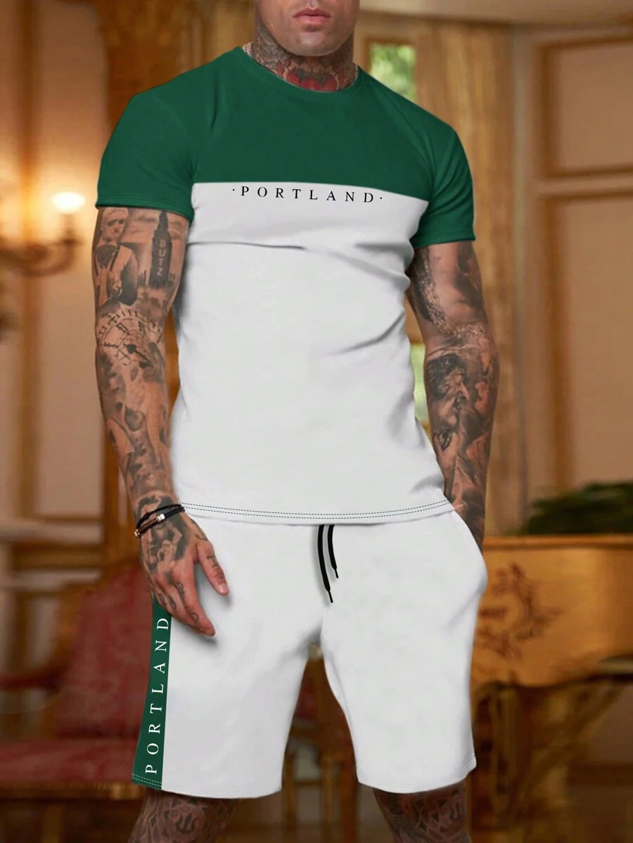 Manfinity Homme Men Letter Graphic Colourblock Tee & Drawstring Waist Shorts - Green - View 1