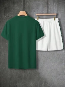 Manfinity Homme Men Letter Graphic Colourblock Tee & Drawstring Waist Shorts - Green - View 2