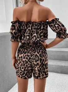 SHEIN Clasi Leopard Print Off Shoulder Frill Trim Knot Front Top & Shorts - Apricot - View 2