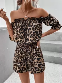 SHEIN Clasi Leopard Print Off Shoulder Frill Trim Knot Front Top & Shorts - Apricot - View 3