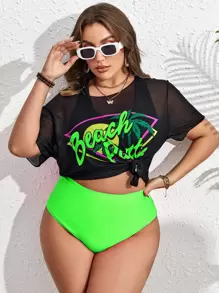 Swim Lushoire Conjunto de bikini gráfico tropical y con lema en talla grande para playa de verano con cubierta incluida
