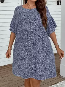 SHEIN LUNE Hơn In hoa Báo Tay áo loe Đầm - Màu xanh lam - Xem 1