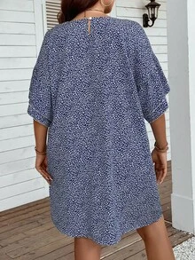 SHEIN LUNE Hơn In hoa Báo Tay áo loe Đầm - Màu xanh lam - Xem 2