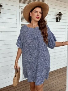 SHEIN LUNE Hơn In hoa Báo Tay áo loe Đầm - Màu xanh lam - Xem 3