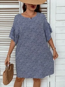 SHEIN LUNE Hơn In hoa Báo Tay áo loe Đầm - Màu xanh lam - Xem 4