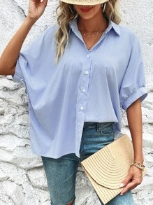 SHEIN VCAY Áo sơ mi nữ Nút phía trước Sọc Giải trí - Màu xanh lam - Xem 1